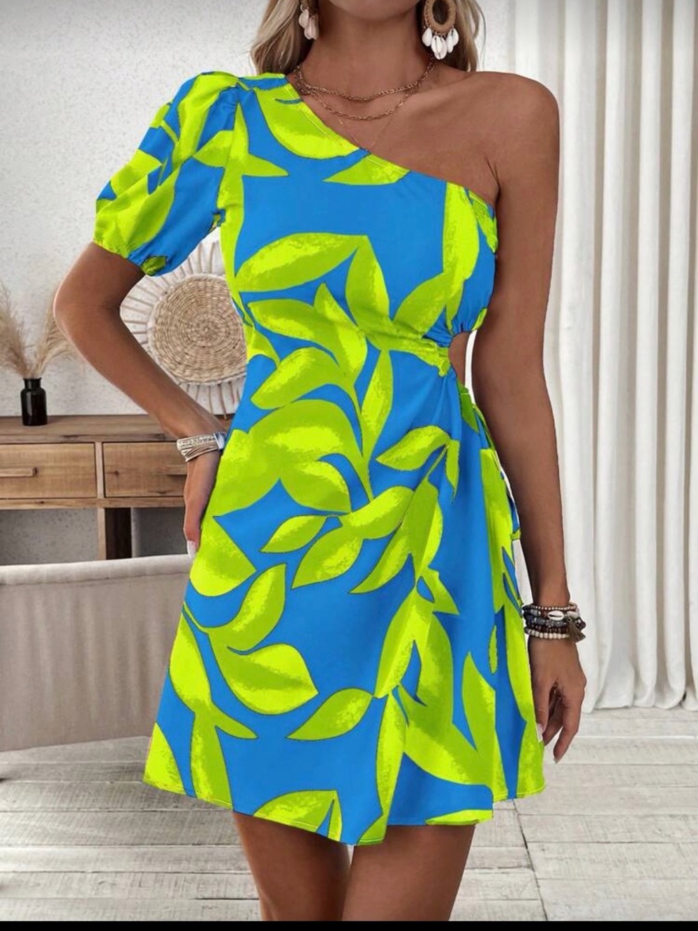 One-Shoulder Blue & Lime Leaf Print Mini Dress